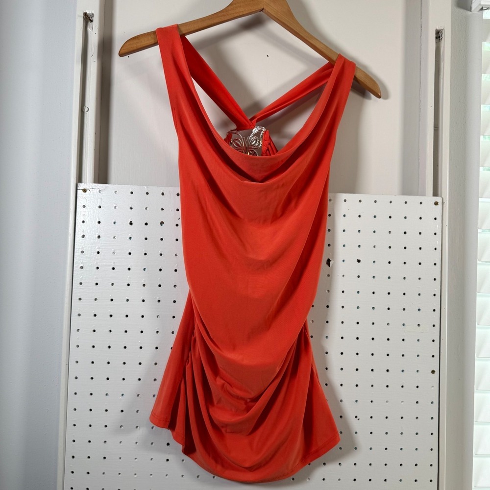 Body Central Tank Orange Rhinestone Butterfly Draped Cowl USA Made Top M Y2K VTG